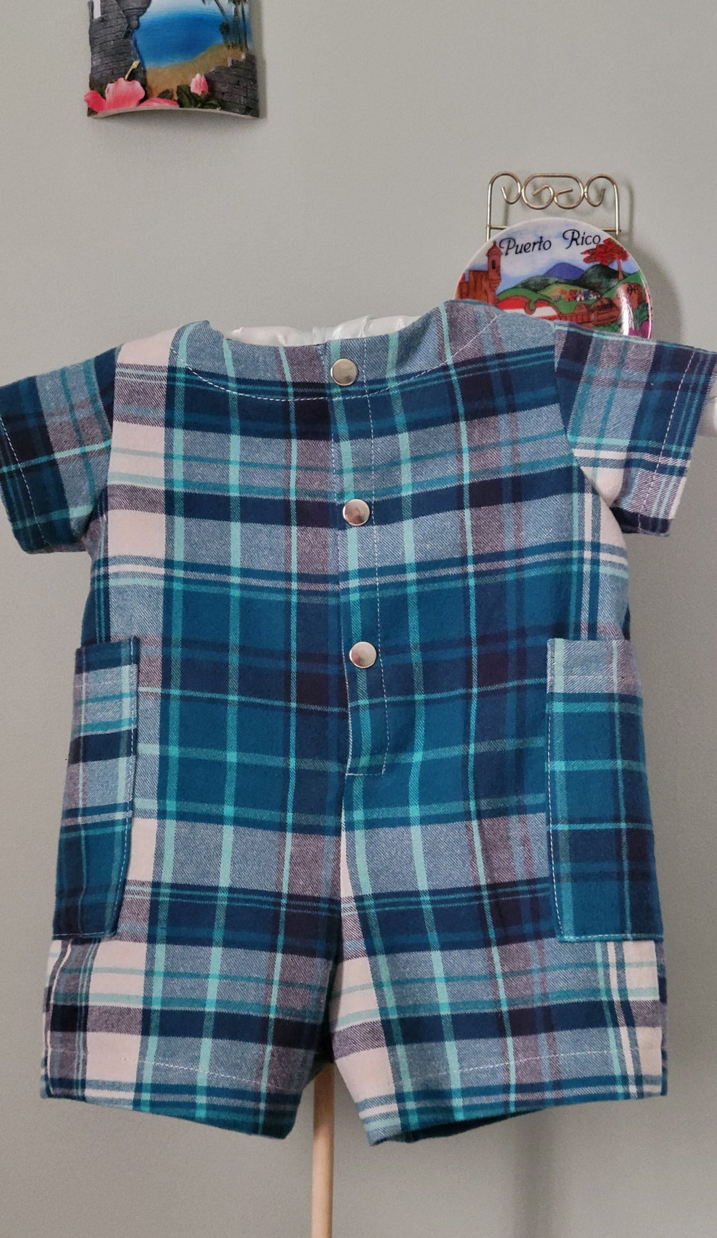 Blue & White Plaid Boy Romper