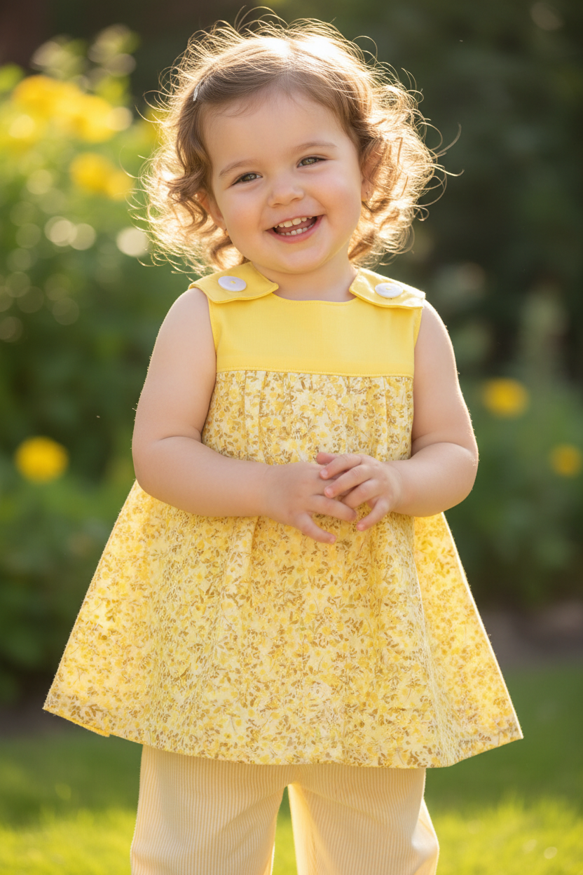 24-month-old girl in yellow flowers A-line top with light yellow pants - pose 1