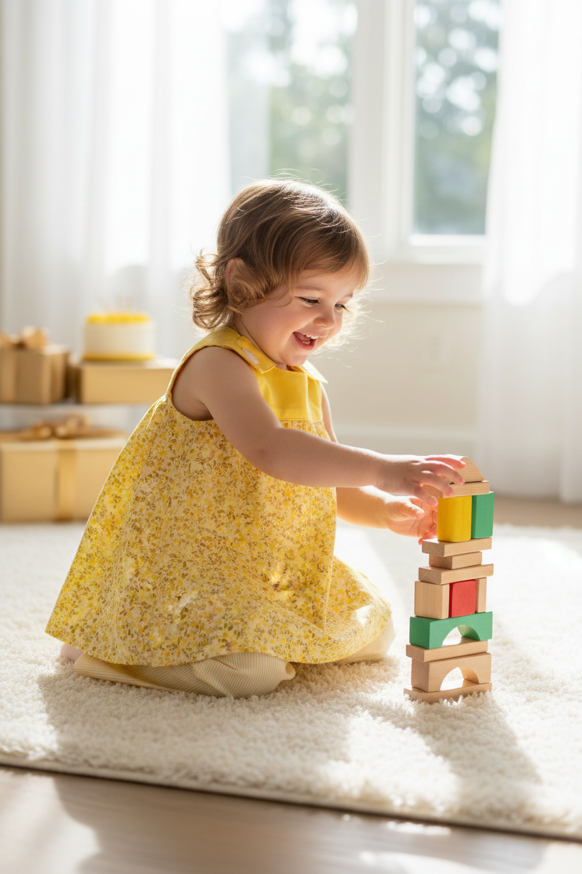 24-month-old girl in yellow flowers A-line top with long pants - indoor natural light