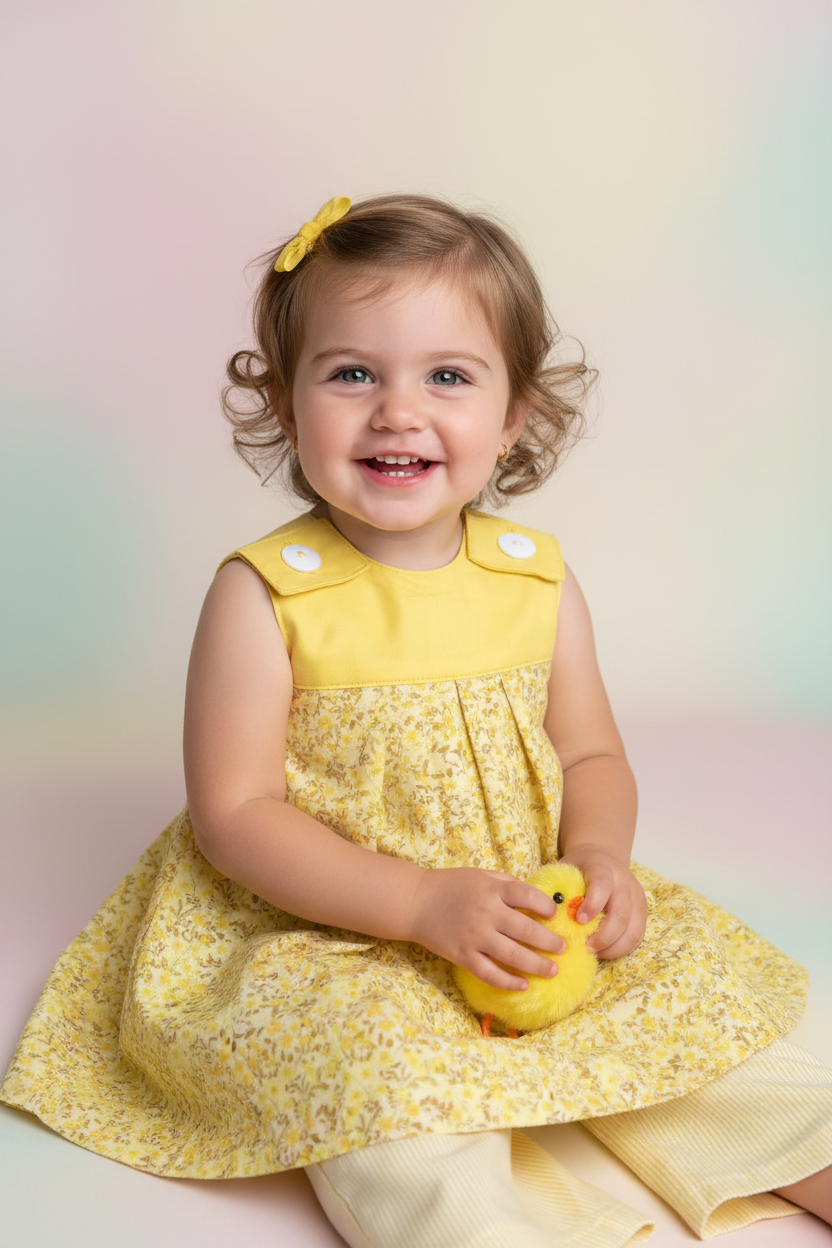 24-month-old girl in yellow flowers A-line top with long pants - studio setting