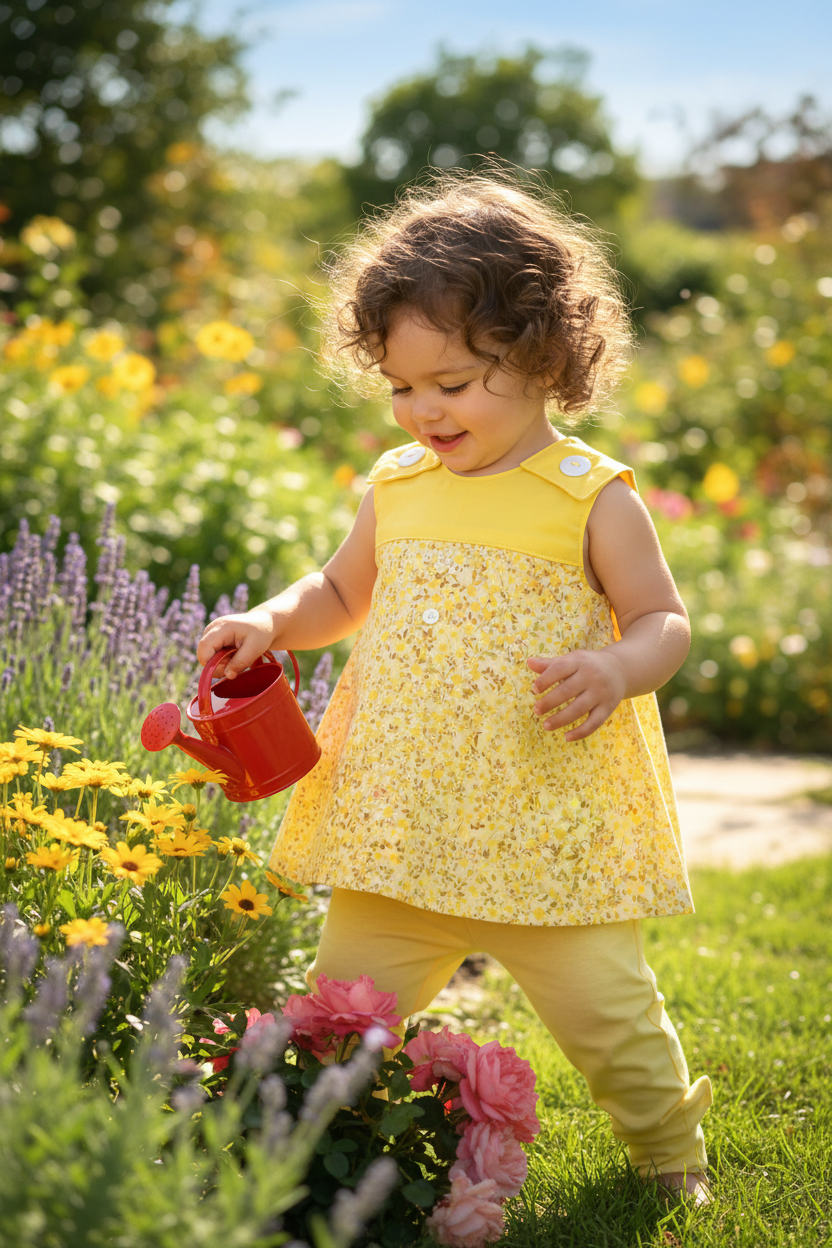 24-month-old girl in yellow flowers sleeveless A-line top with light yellow pants - outdoor setting