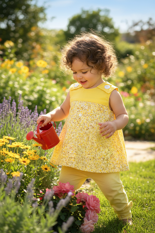 24-month-old girl in yellow flowers sleeveless A-line top with light yellow pants - outdoor setting