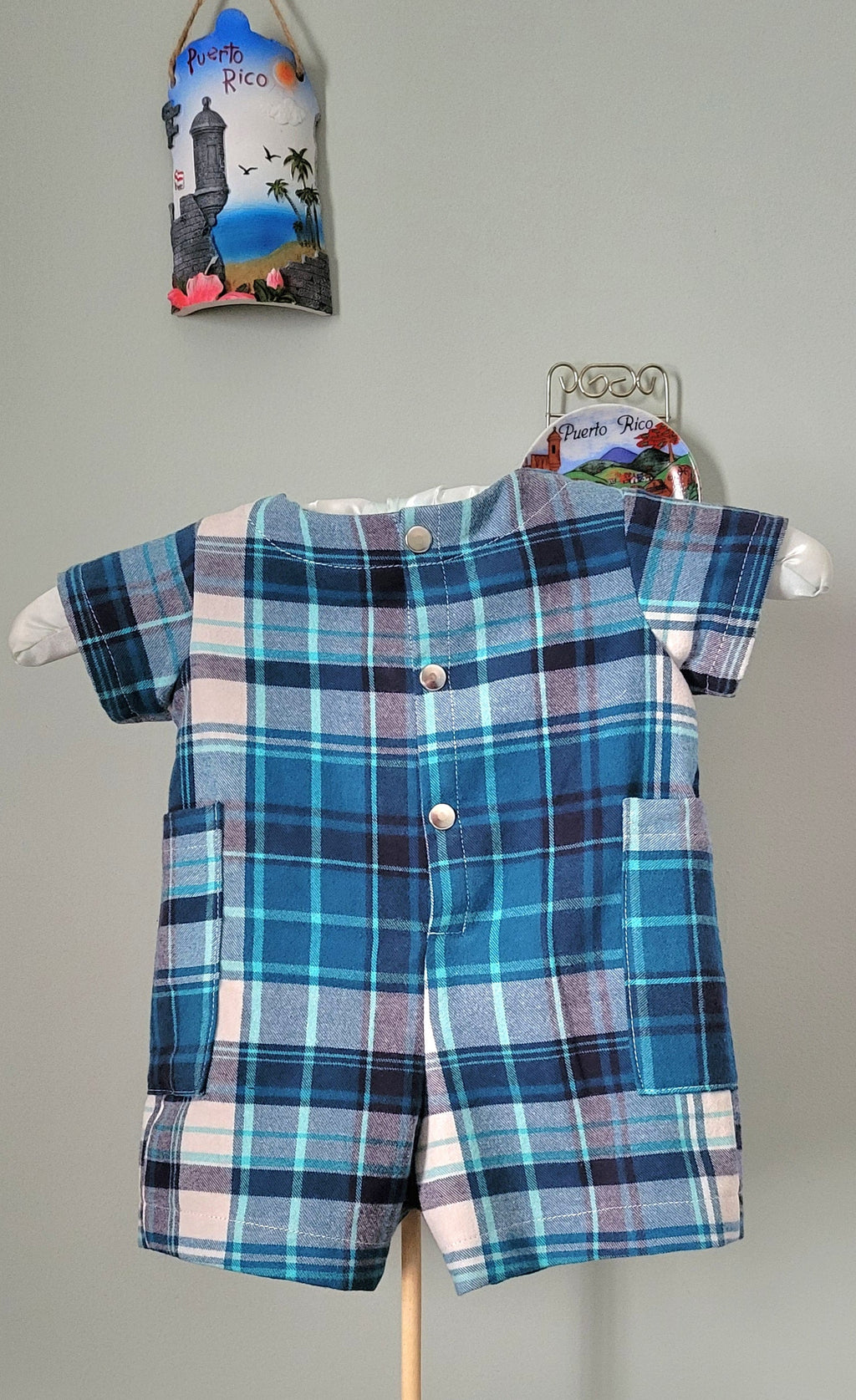 Blue & White Plaid Boy Romper