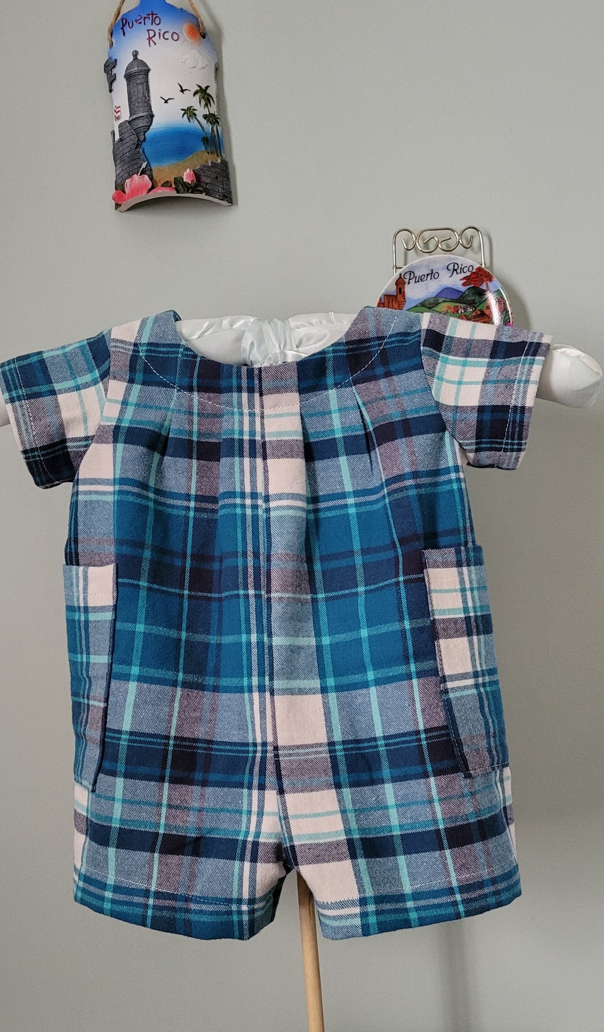 Blue & White Plaid Boy Romper