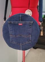 Load image into Gallery viewer, Round Upcycled Crossbody Denim Bag
