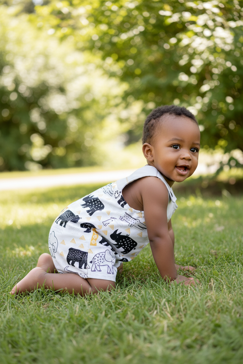 African American baby boy in wildlife romper - outdoor setting