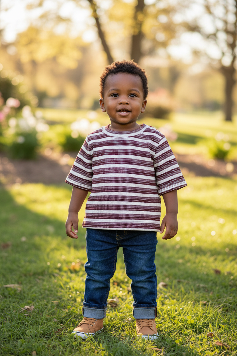 African American toddler in short-sleeved sweatshirt - outdoor setting