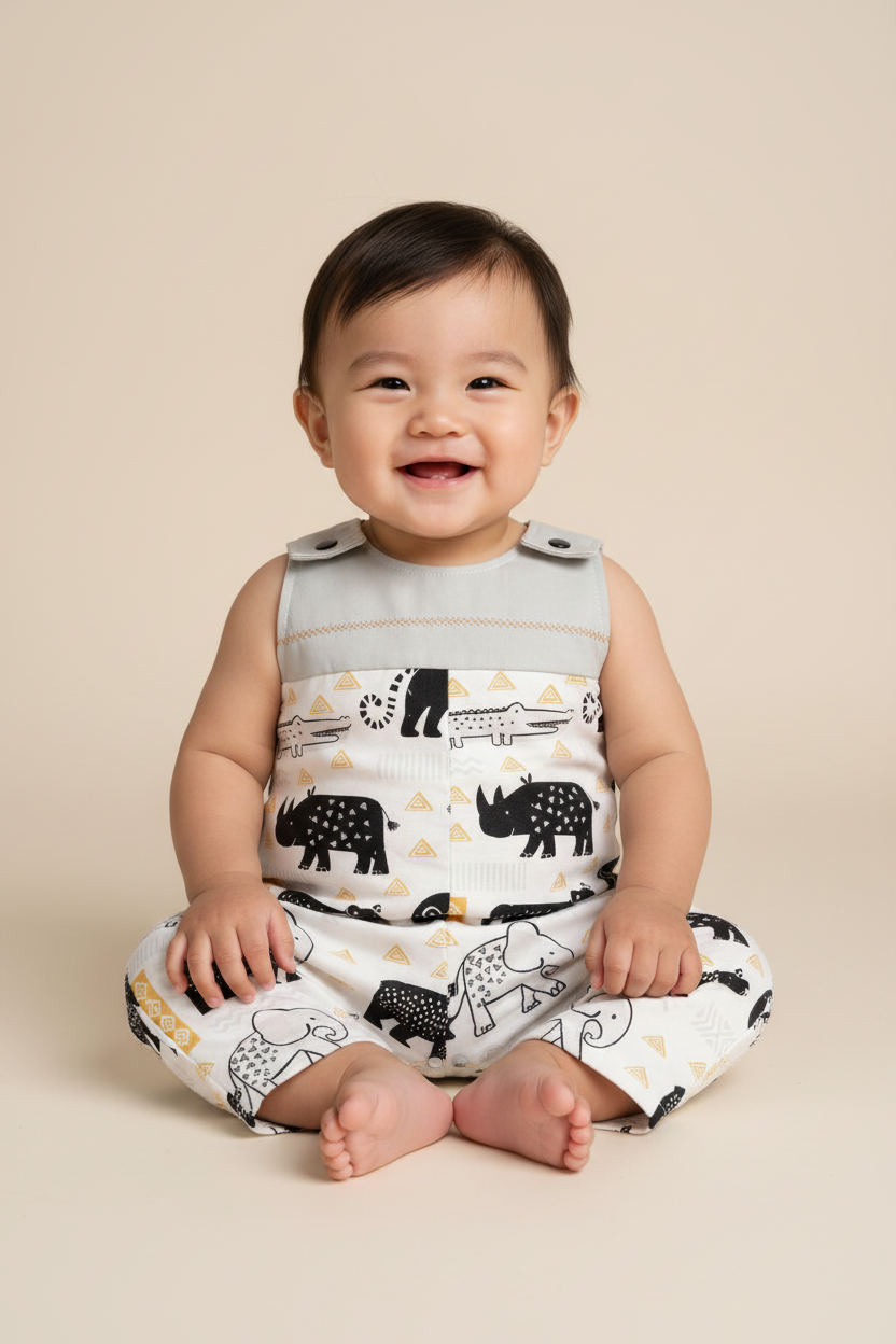 Asian baby boy in safari wildlife romper - studio setting