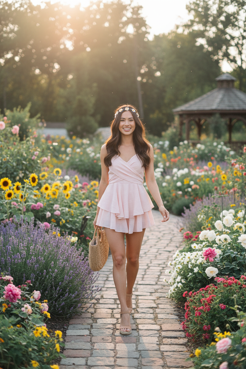 Asian woman in Bohemian Ruffles Romper in flower garden