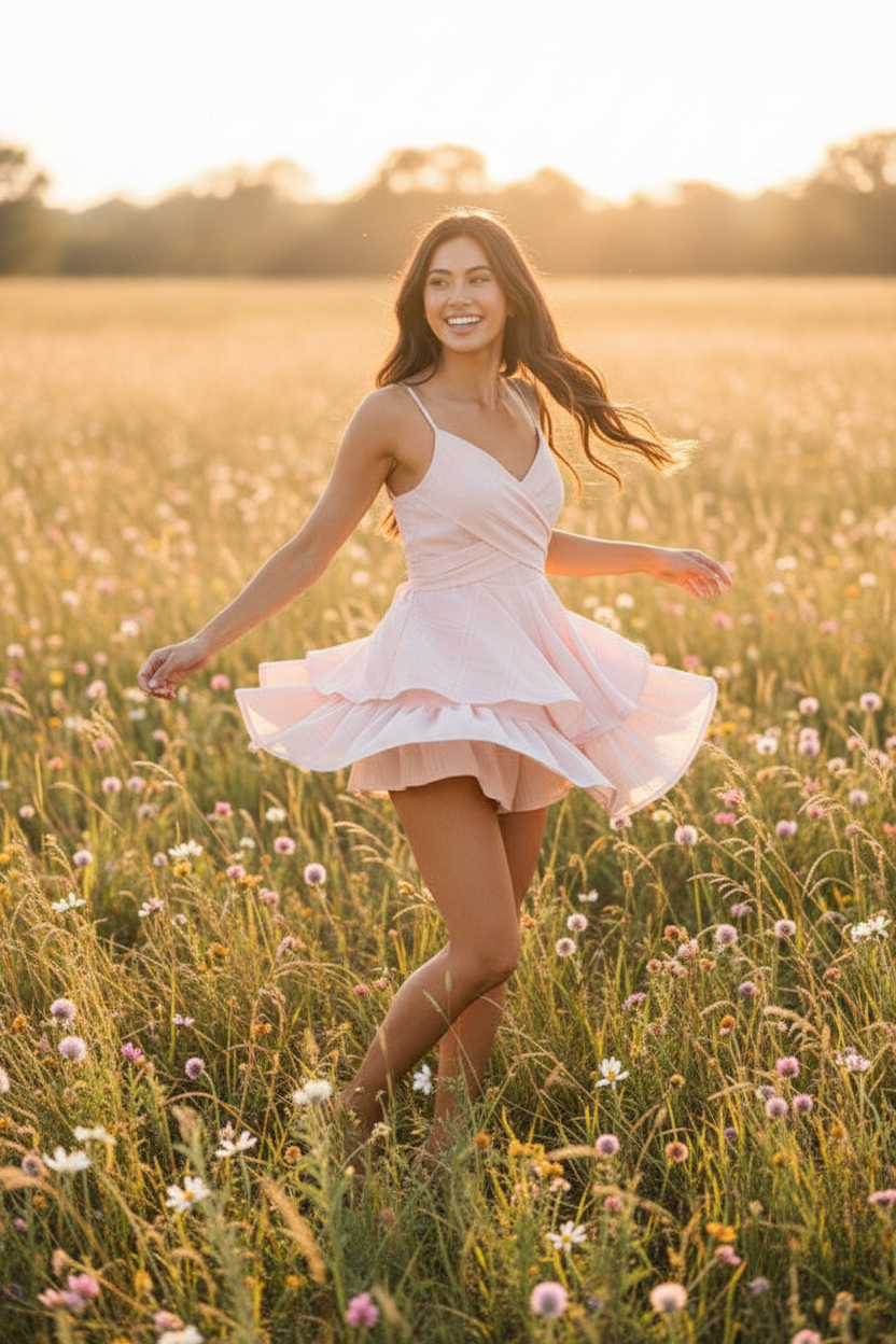 Asian woman twirling in Bohemian Ruffles Romper in meadow