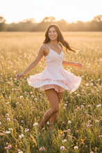 Load image into Gallery viewer, Asian woman twirling in Bohemian Ruffles Romper in meadow
