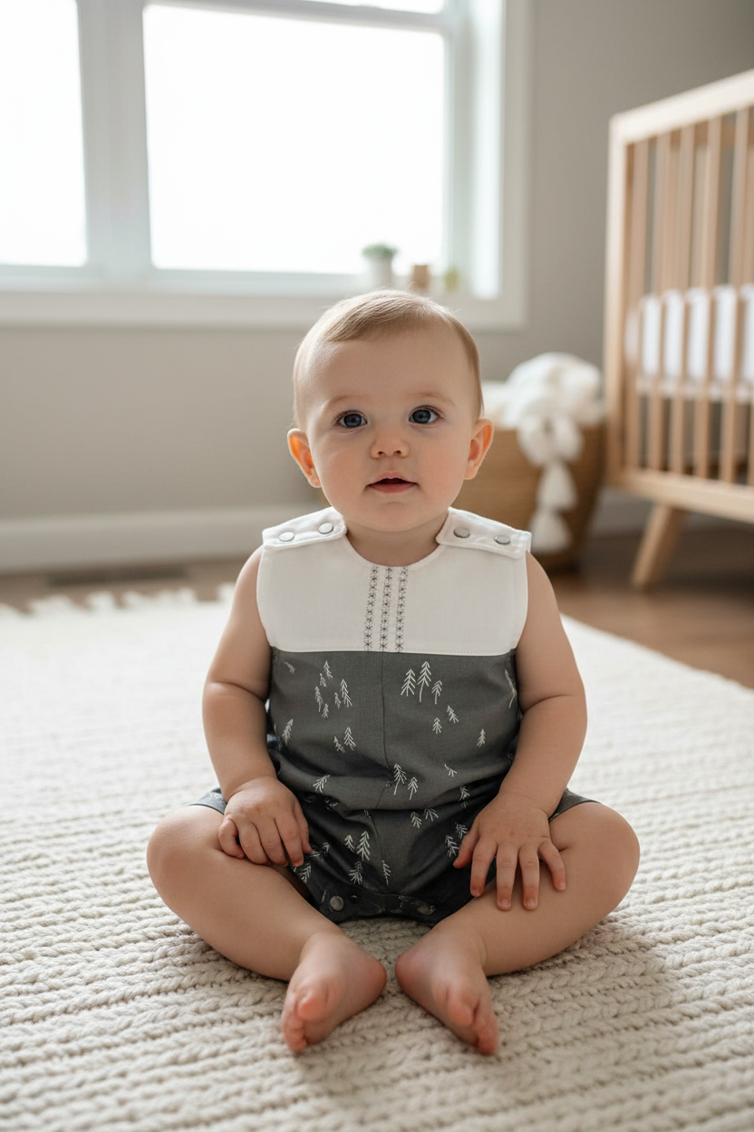 Baby boy 10-16 months in white and gray tree pattern romper - cozy home setting