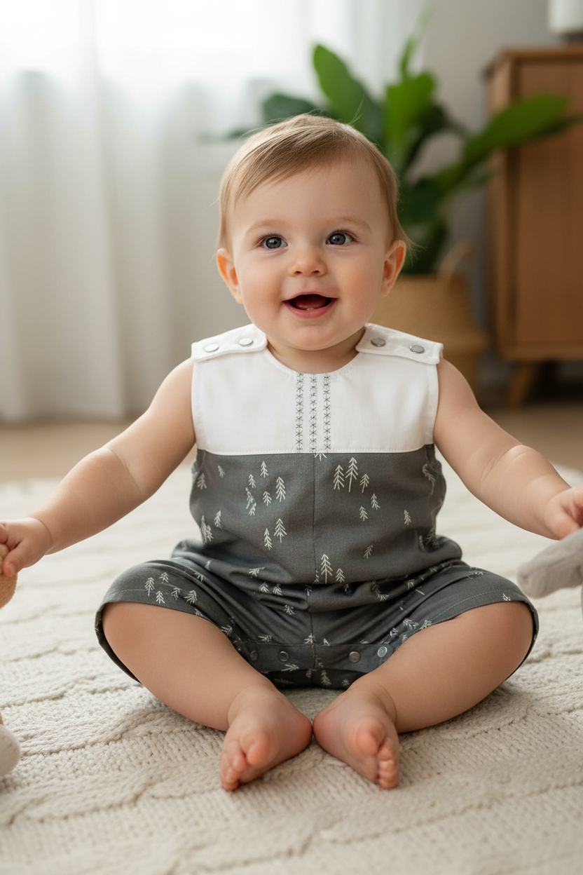 Baby boy 6-12 months in white and gray tree pattern romper - pose 1