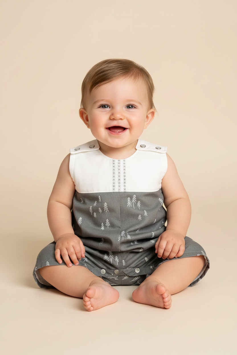 Baby boy 8-14 months in white and gray tree pattern romper - studio setting