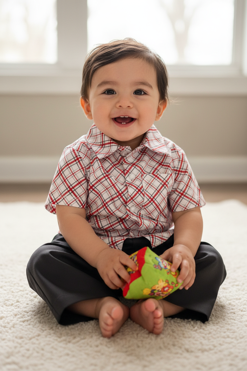 Baby boy in plaid shirt with black pants - pose 1
