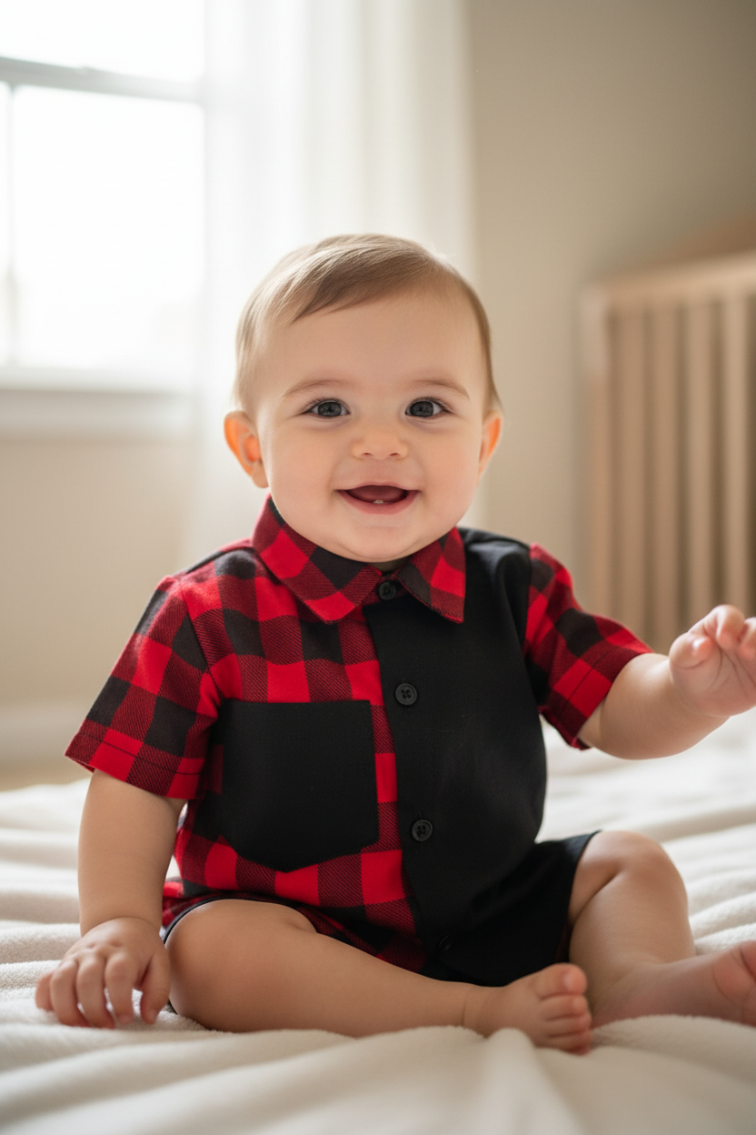 Baby boy in red and black checkered shirt - pose 1