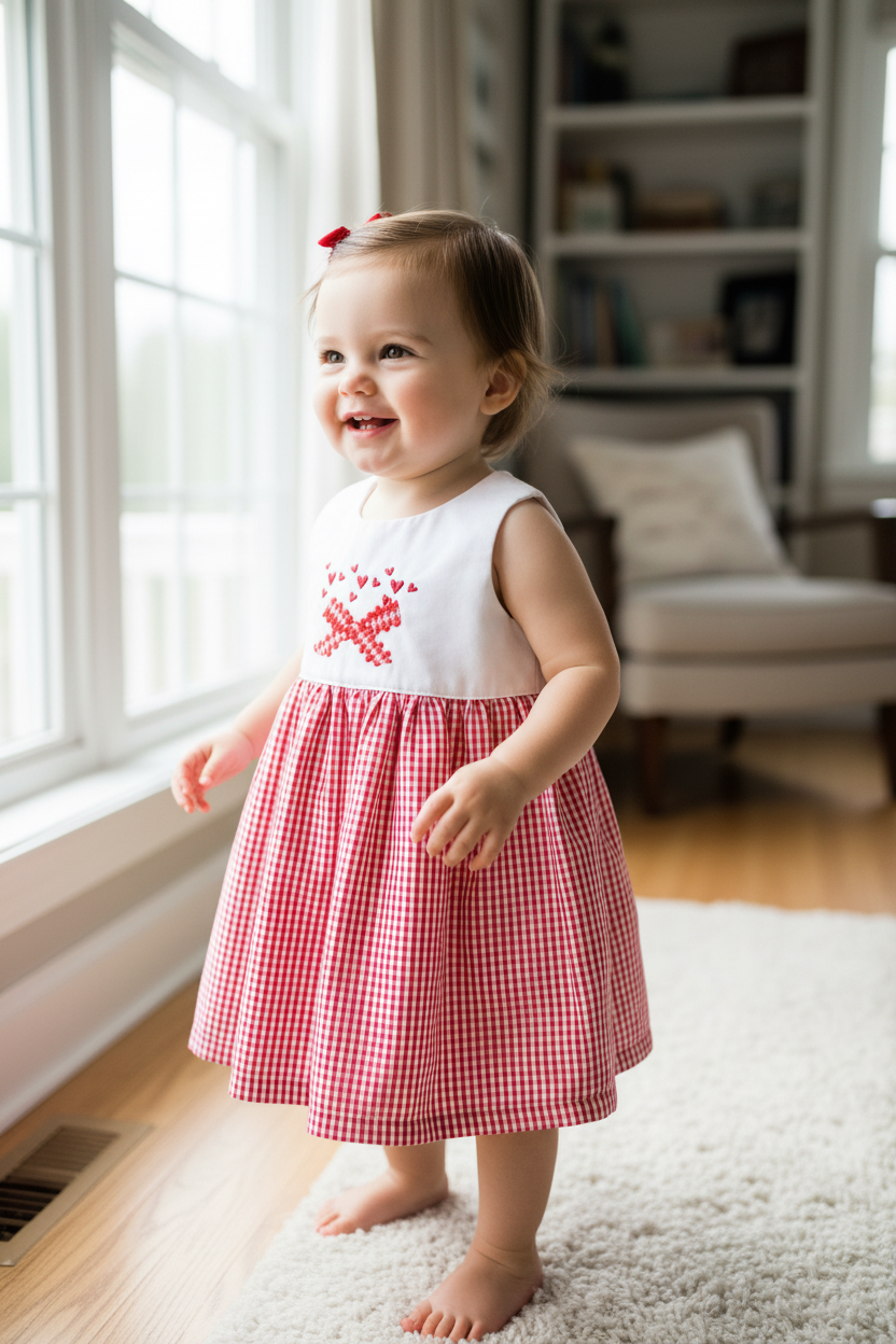 Baby girl 12-18 months in red gingham dress with heart bow and regular hem - angle view