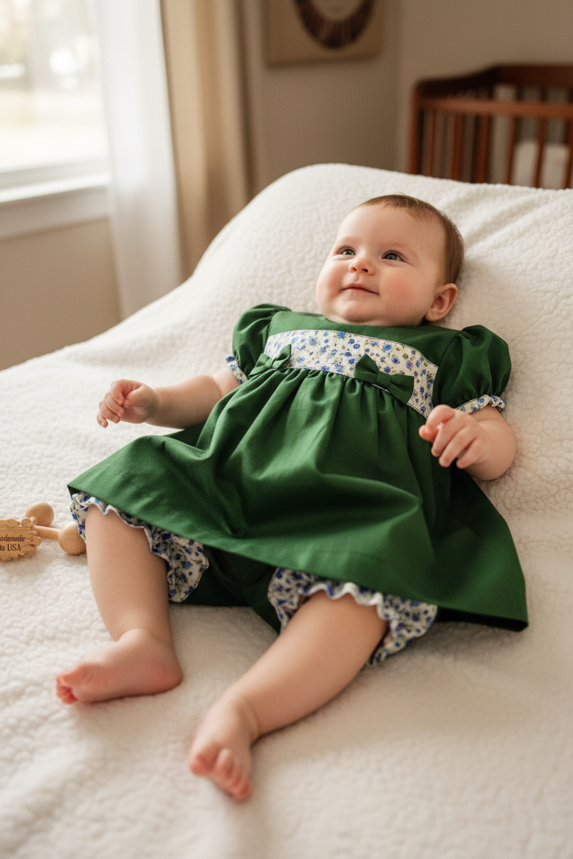 Baby girl 3-6 months in green dress with two bows - cozy home setting