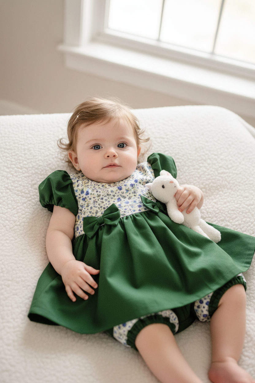 Baby girl 3-6 months in green dress with two bows - indoor natural light