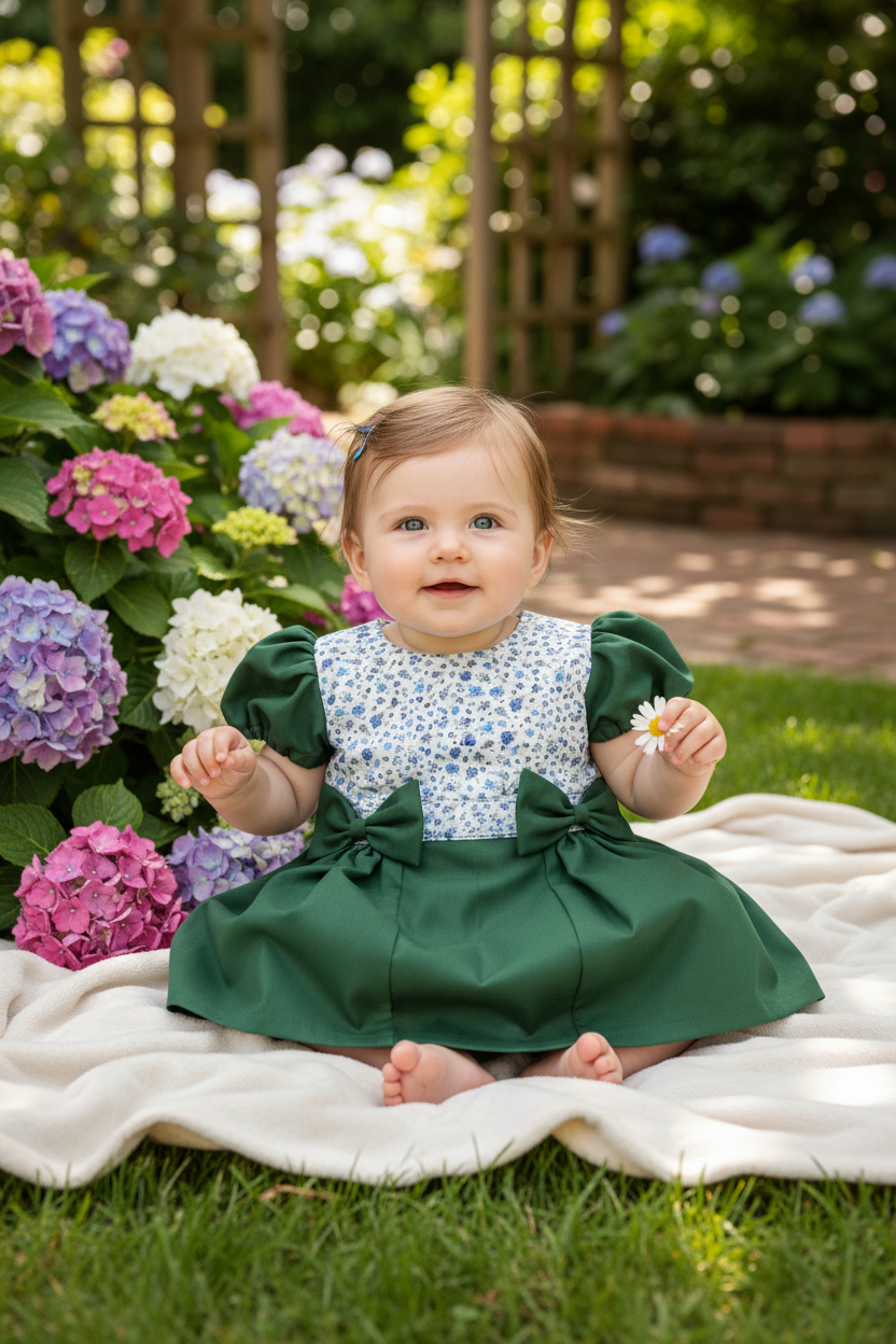 Baby girl 3-6 months in green dress with two bows - outdoor setting