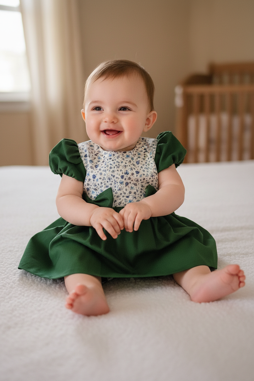 Baby girl 3-6 months in green dress with two bows - pose 1