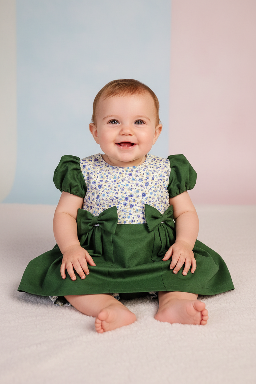 Baby girl 3-6 months in green dress with two bows - studio setting