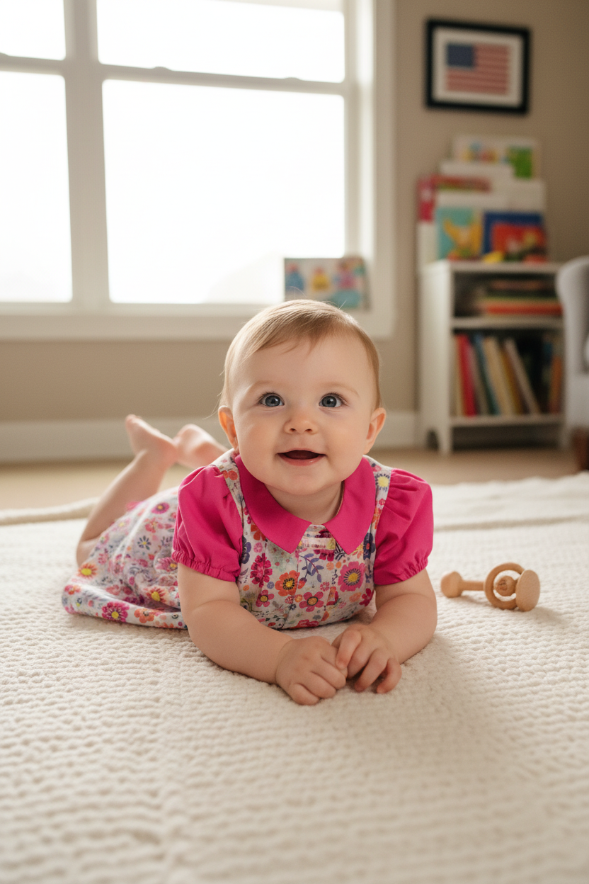 Baby girl 3-6 months in multicolor floral dress with fuchsia accents and bloomers - cozy home setting