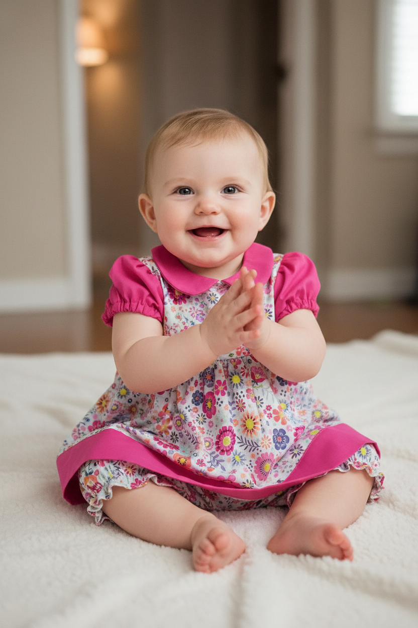 Baby girl 3-6 months in multicolor floral dress with fuchsia accents and bloomers - pose 1