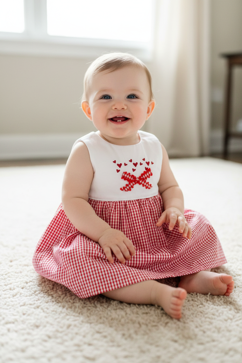 Baby girl 3-6 months in red gingham dress with heart bow and regular hem - front view