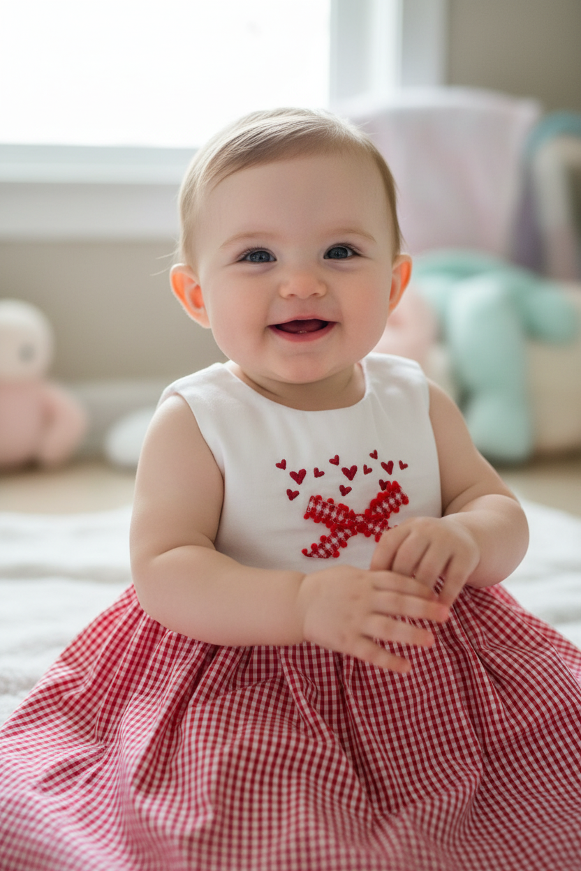 Baby girl 3-6 months in red gingham dress with heart bow - front view