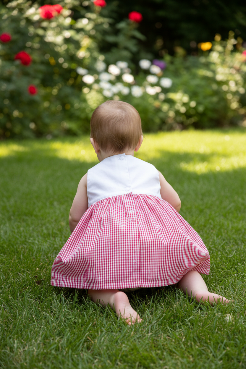 Baby girl 6-12 months in red gingham dress with regular hem - back view showing white snap buttons