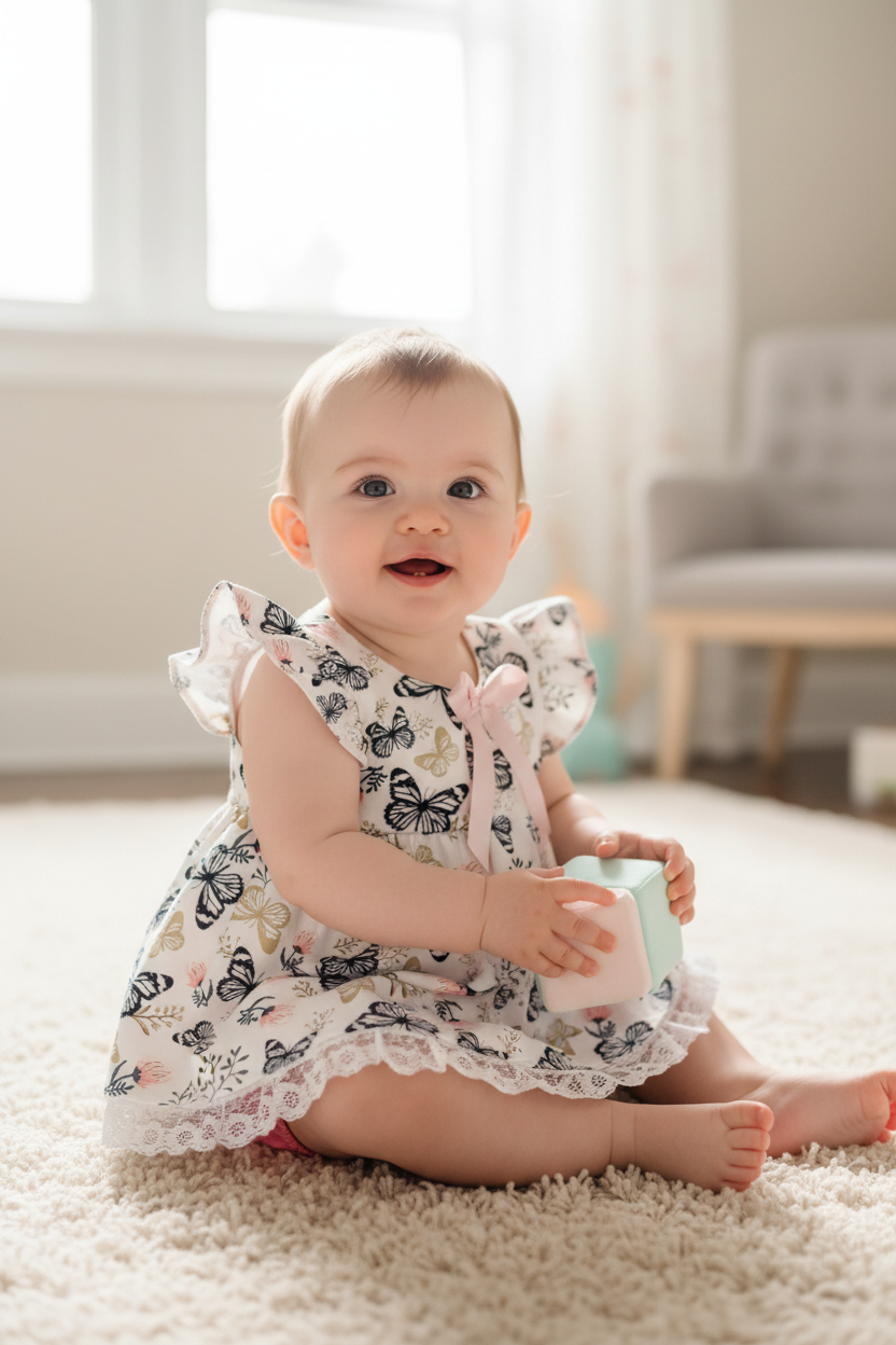 Baby girl in butterfly dress - pose 1
