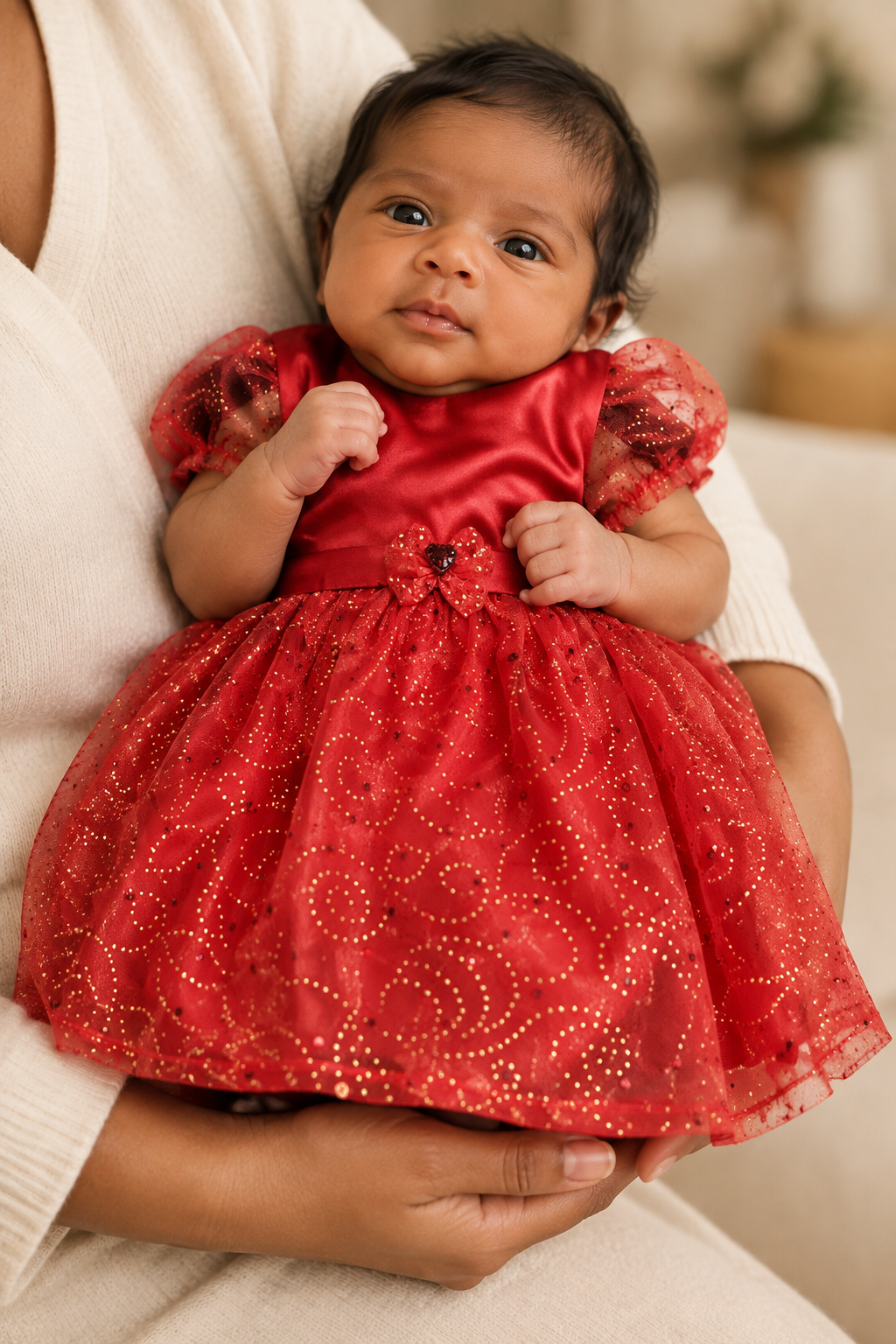 Baby girl in the Princess Sophia Red Dress cradled in a parent's arms