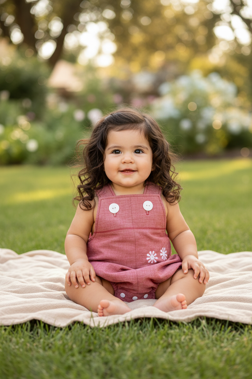 Baby Girl Outdoors in Elena Romper - Garden Setting