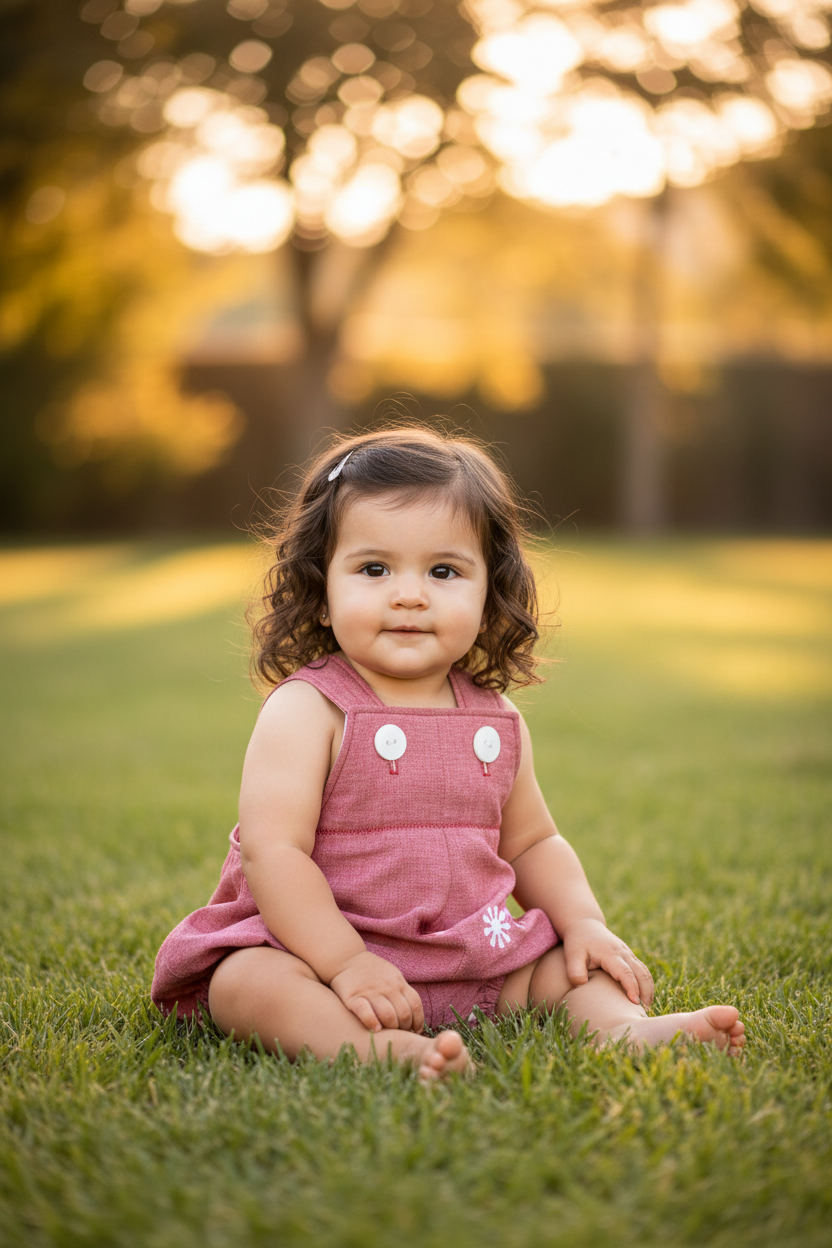 Baby Girl Outdoors in Elena Romper - Golden Hour