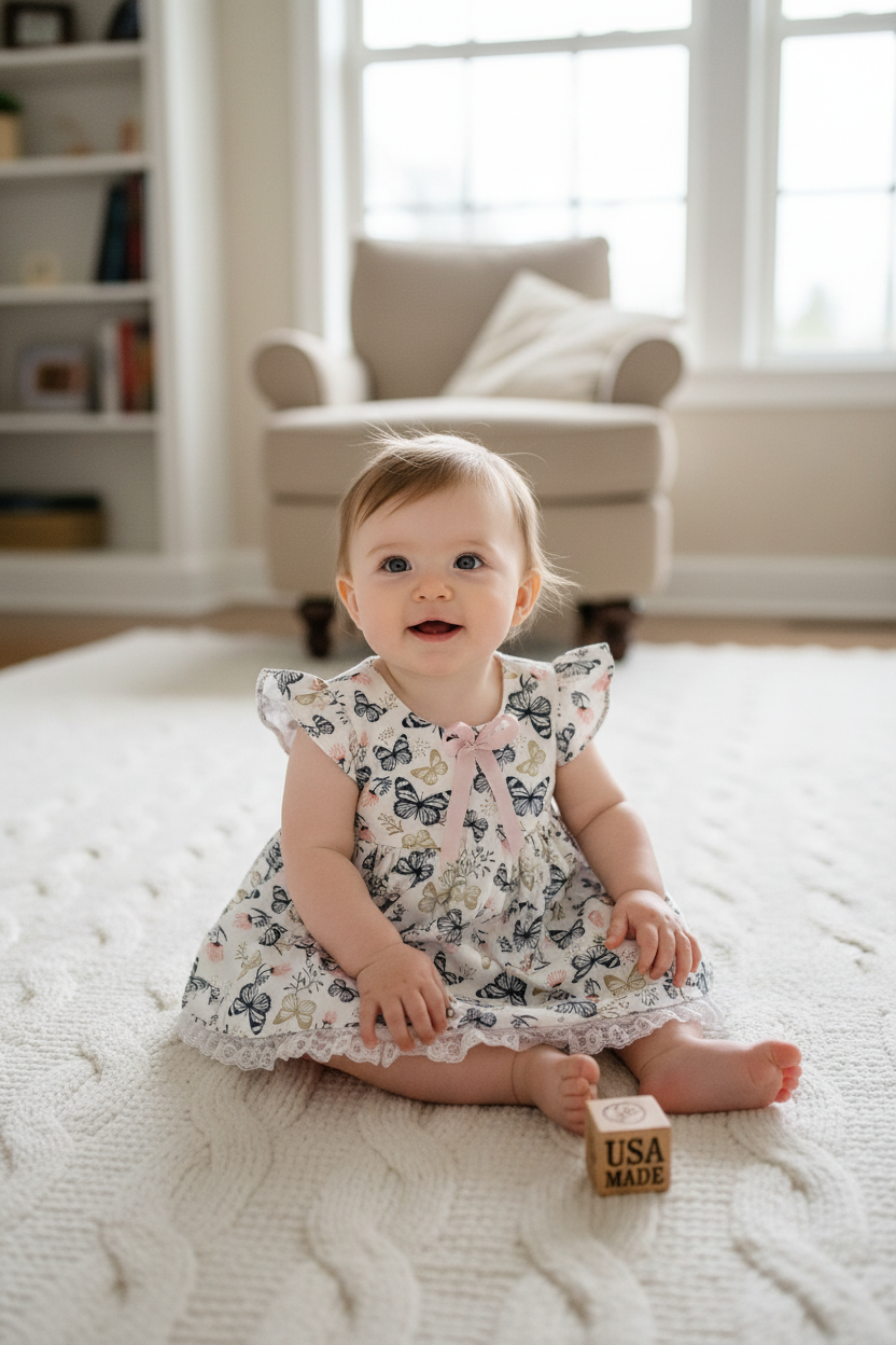 Baby in butterfly dress - cozy home setting