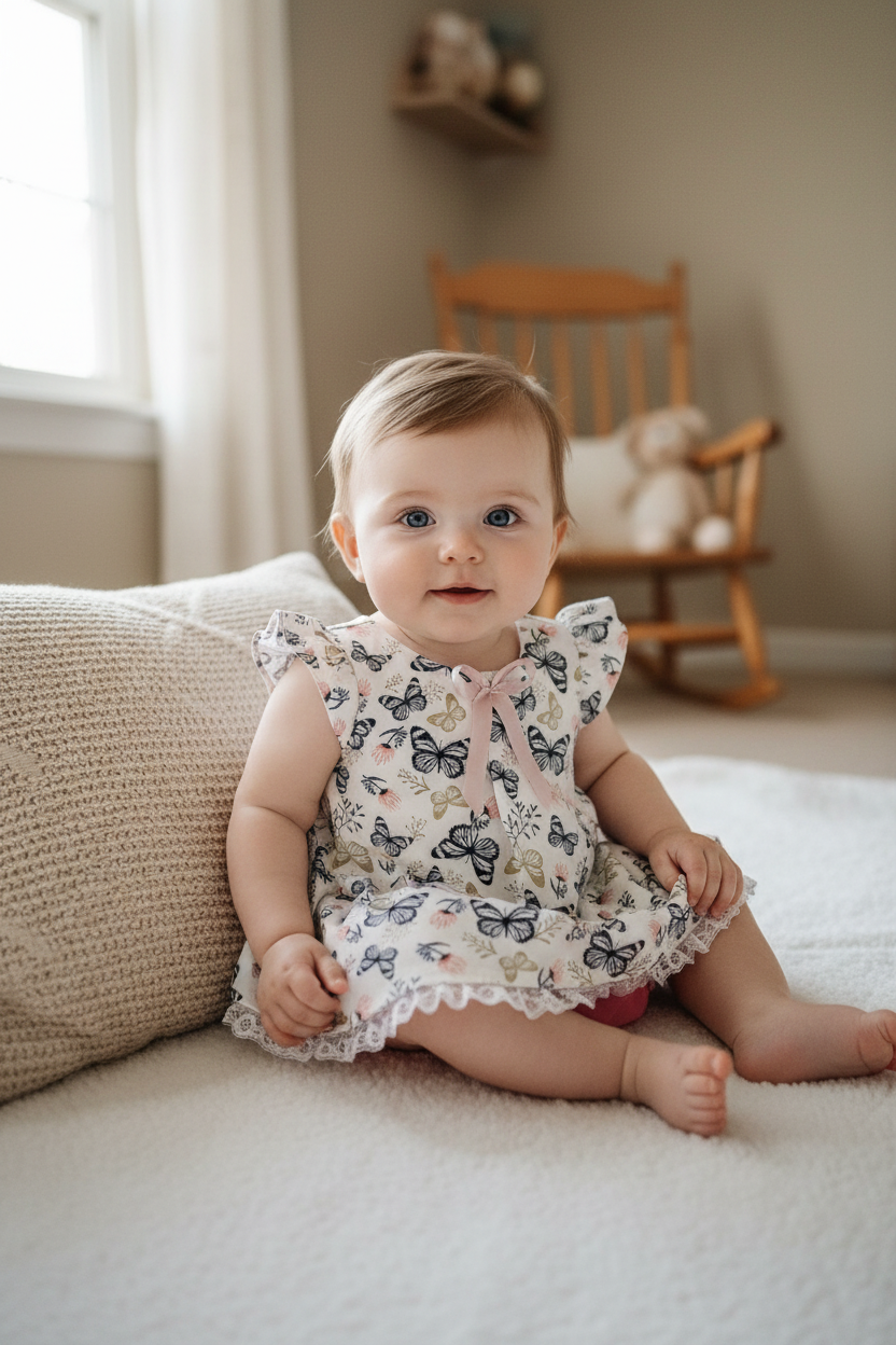 Baby in butterfly dress with fuchsia bloomers - cozy home setting