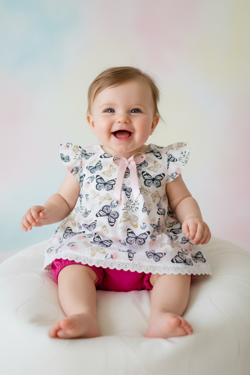 Baby in butterfly dress with fuchsia bloomers - studio setting