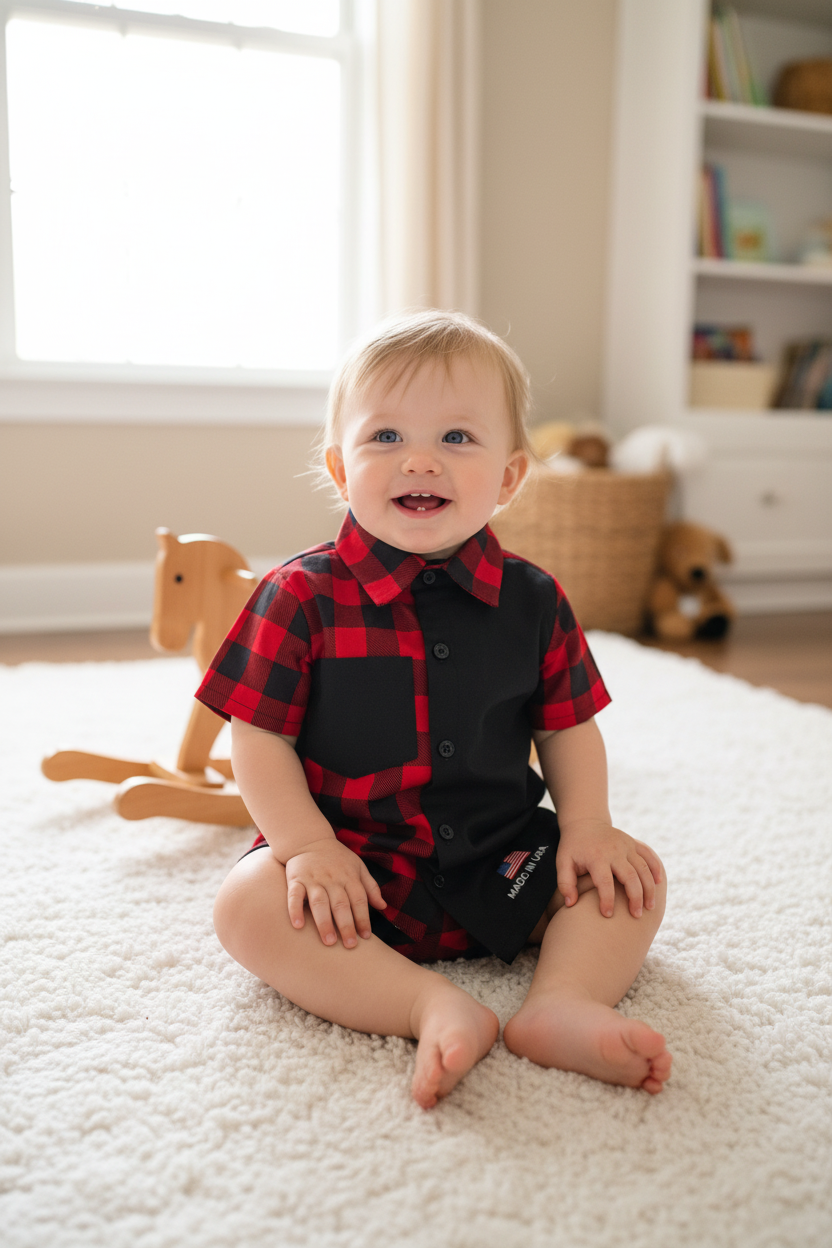Baby in checkered shirt - cozy home setting