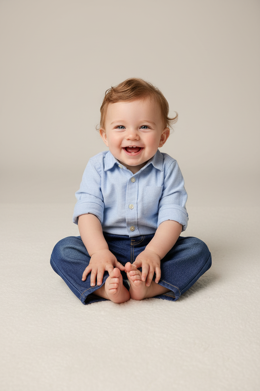 Baby in denim jeans with button-down shirt - studio setting