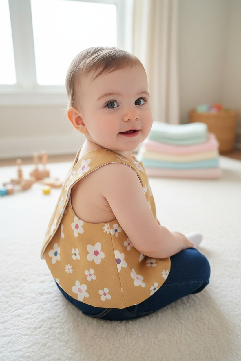 Baby in floral top with crossed back and simple dark jeans - cozy home setting