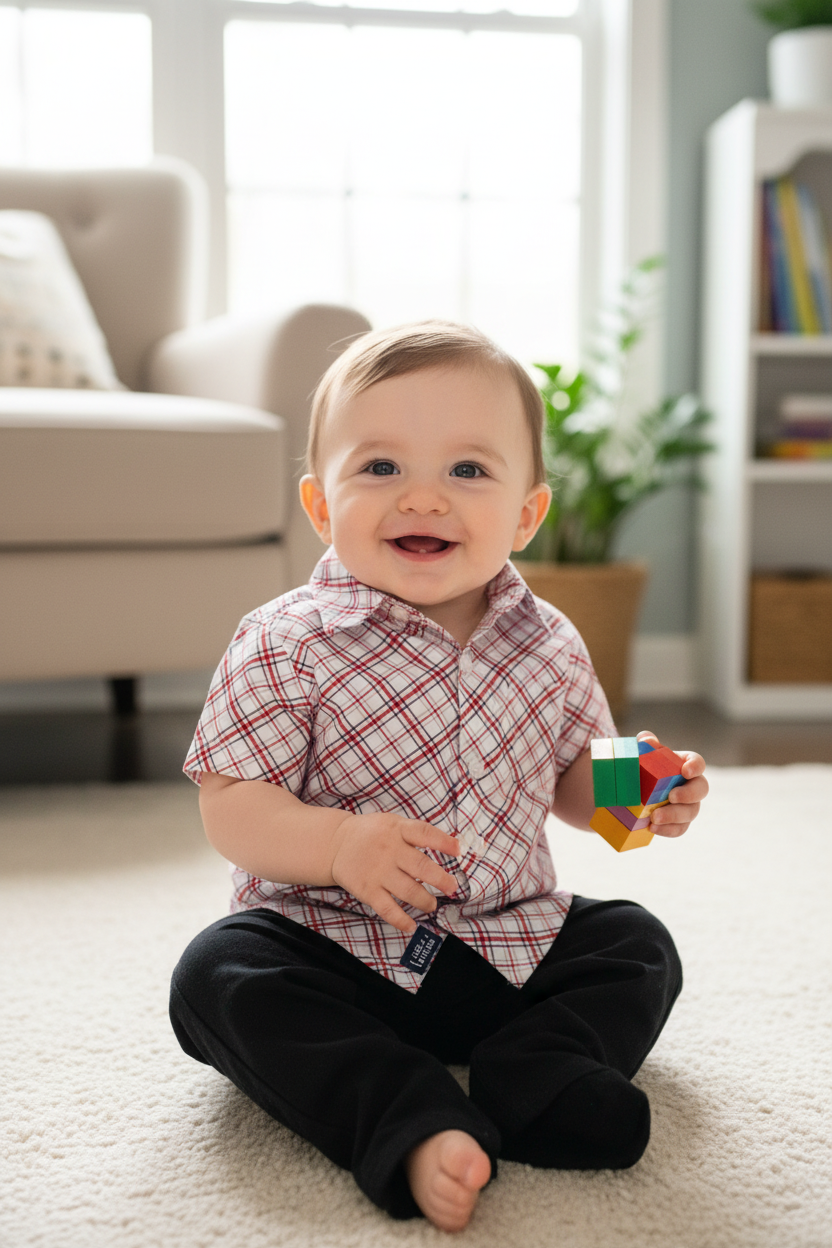 Baby in plaid shirt with black pants - cozy home setting