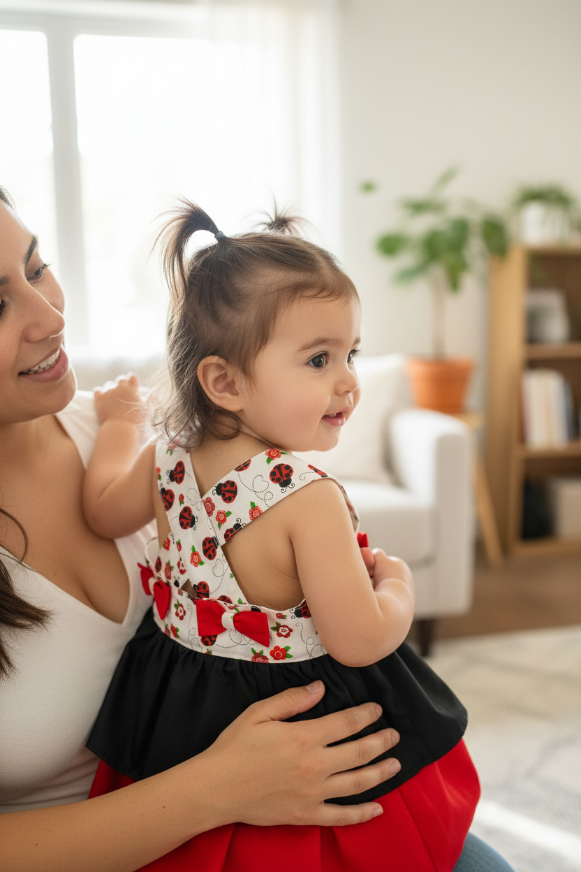 Baby showing back of ladybug dress