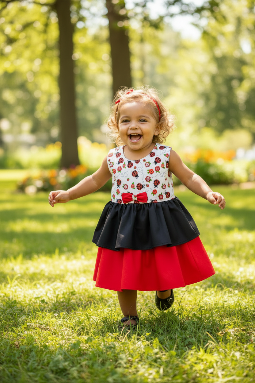 Blonde toddler playing outside in ladybug dress