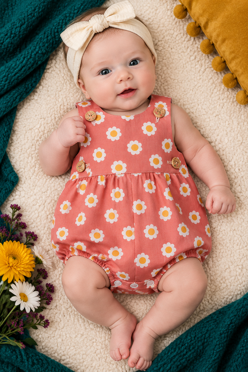 Bold newborn baby wearing the Sissy Missy Romper