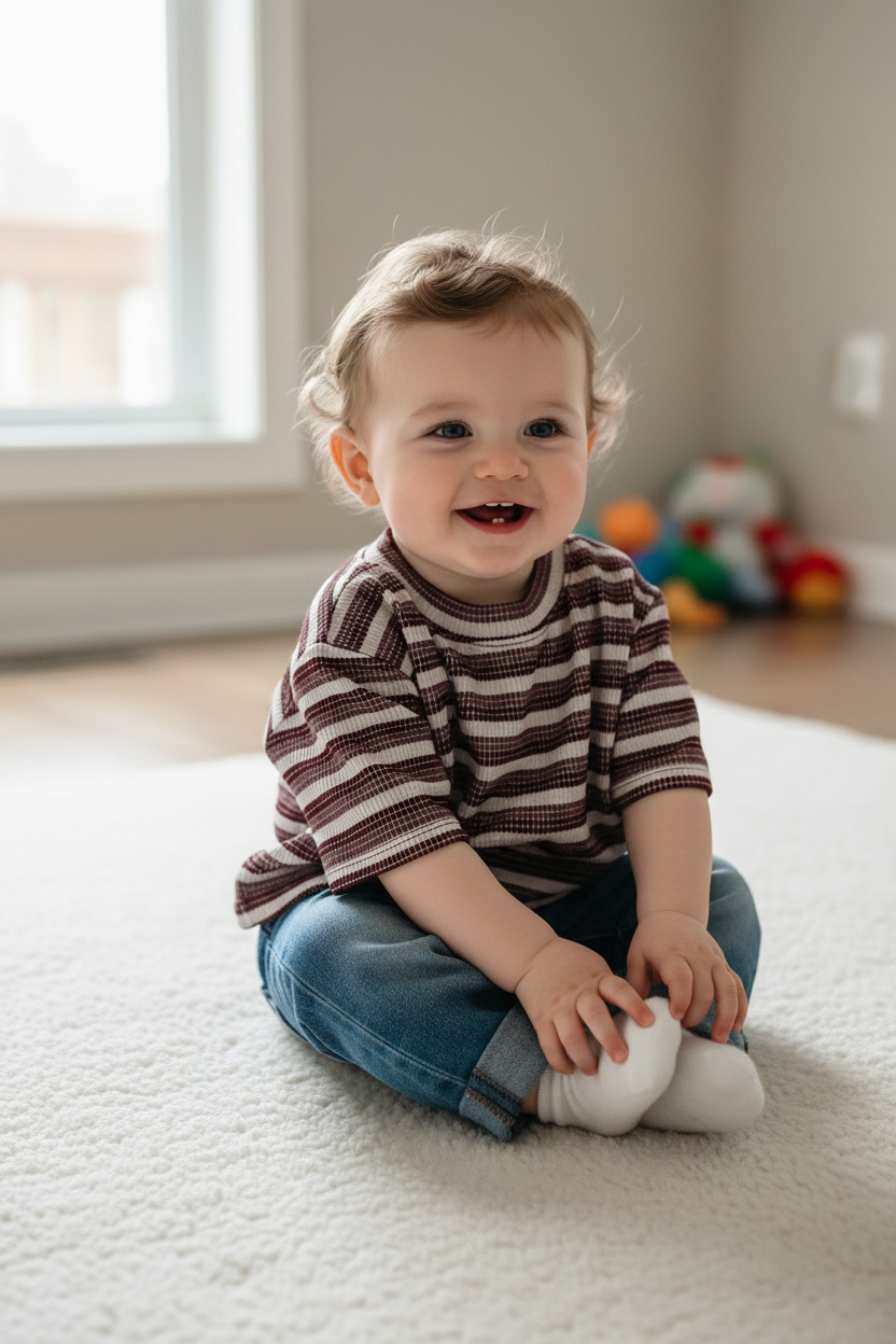 Caucasian baby boy in short-sleeved sweatshirt - pose 1
