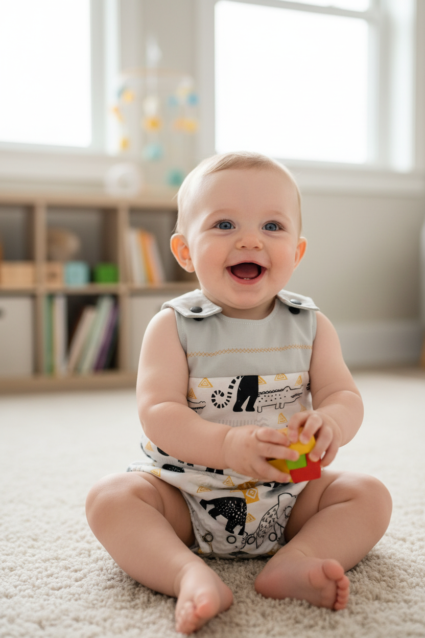 Caucasian baby boy in wildlife romper - pose 1