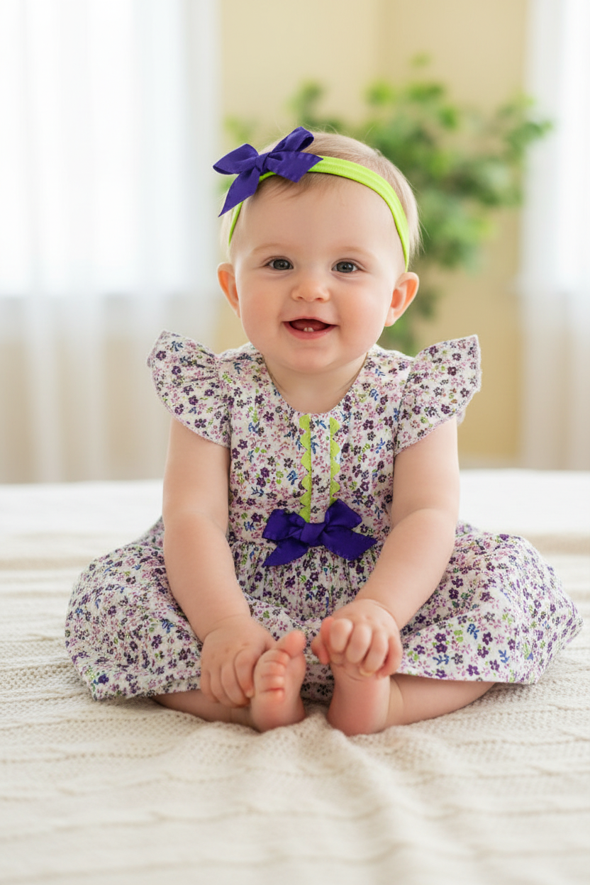 Caucasian baby girl in purple and pink dress with blue bow headband - pose 1
