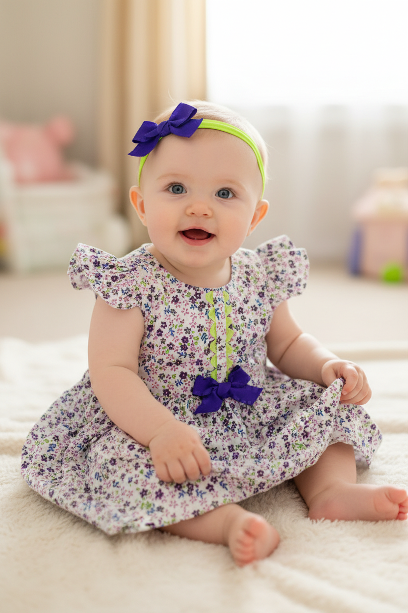 Caucasian baby girl in purple and pink dress with blue bow on thin neon green headband - pose 1