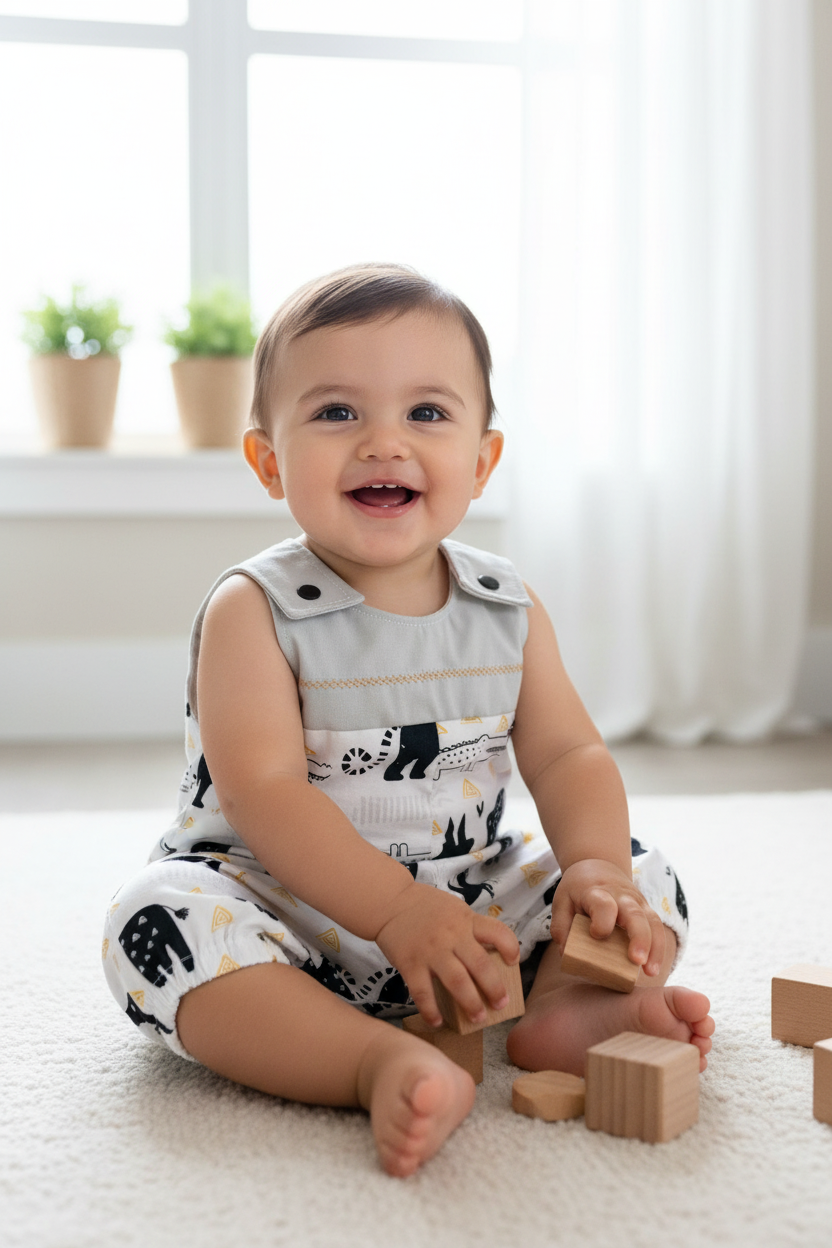 Hispanic baby boy in wildlife romper - indoor natural light